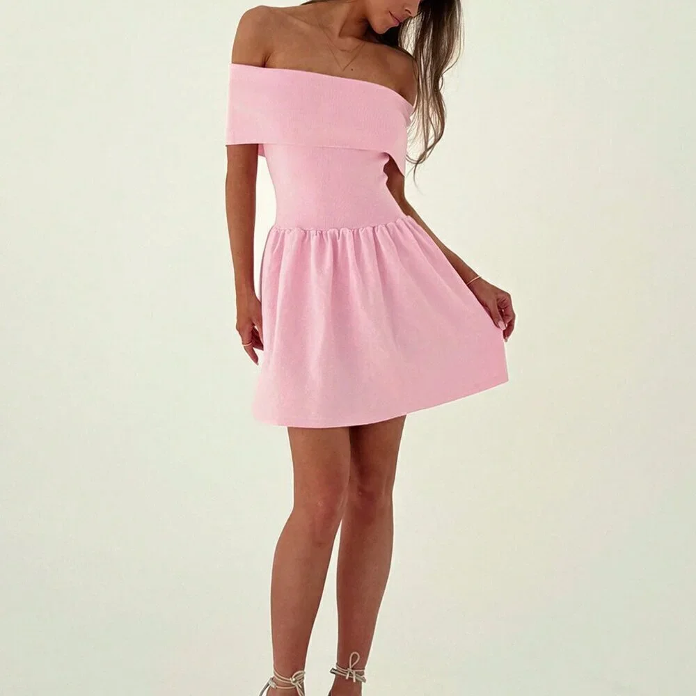 Pink Elegant Women's Off-Shoulder Mini Dress With Tight Waist And Umbrella Hem - Picture 2 of 4